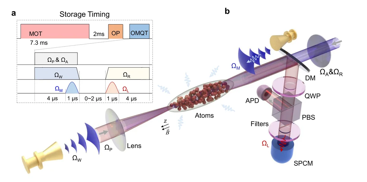 fig:2 Proof-of-concept OMQT in cold atoms. a, Schematic of the time sequence containing MOT loading, optical pumping (OP), and OMQT, which comprises waveforms for the input and recalled pulses (_M and _L), the write and read pulses (_W and _R), and two auxiliary fields (_P and _A). The energy levels and the related six fields are illustrated in the inset of Fig.~1a. b, Experimental setup, including a cigar-shaped atomic cloud, antennas, lenses, a dichroic mirror (DM), a quarter-wave plate (QWP), a polarization beam splitter (PBS), filters, an avalanche photodiode (APD), and a single-photon counting module (SPCM).