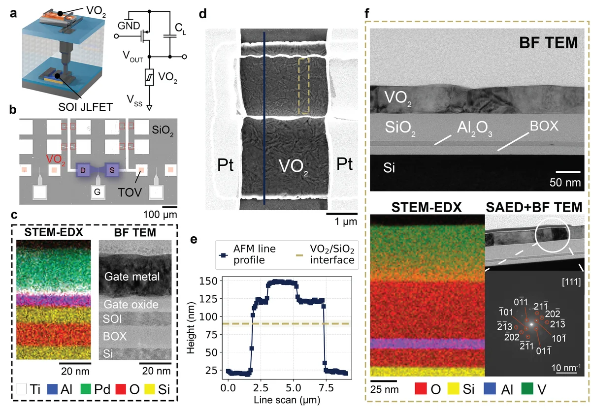 Schematic of the spiking neuron comprising a VO_2 memristor and a JLFET, with corresponding material characterization. a 3D-model of the 1T-1MR architecture and equivalent circuit schematic comprising an external capacitive load. VO_2 two-terminal devices are connected to the JL transistor through metal-filled through-oxide-vias (TOV). b SEM image of the fabricated chip, showing multiple JLFETs connected to the VO_2 node to enable IMT operation at the target current level. D, S, and G denote the drain, source, and gate terminals, respectively. c STEM-EDX and BF TEM images of the gate stack of the JLFETs after VO_2 integration. d SEM top view of a VO_2 nanosheet device. The blue line represents the direction of the line profile in (e) while the dashed-rectangle refers to the area of the lamella in (f). e Example of line profile extracted from an AFM topography measurement. f BF TEM image and STEM-EDX acquired in the active area of a VO_2 nanosheet, together with the SAED pattern and the corresponding BF TEM image of its acquisition region. The SAED pattern is indexed along the [111] zone axis of the VO_2 M1 phase with the corresponding reflections indicated.