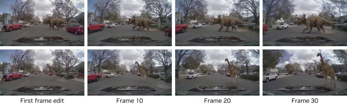 Out-of-distribution object modeling. Given a first-frame edit that inserts an uncommon object into the scene, OmniDreams generates plausible motion for the inserted object over time without an explicit cuboid trajectory, while maintaining consistency with the surrounding road geometry and scene context.