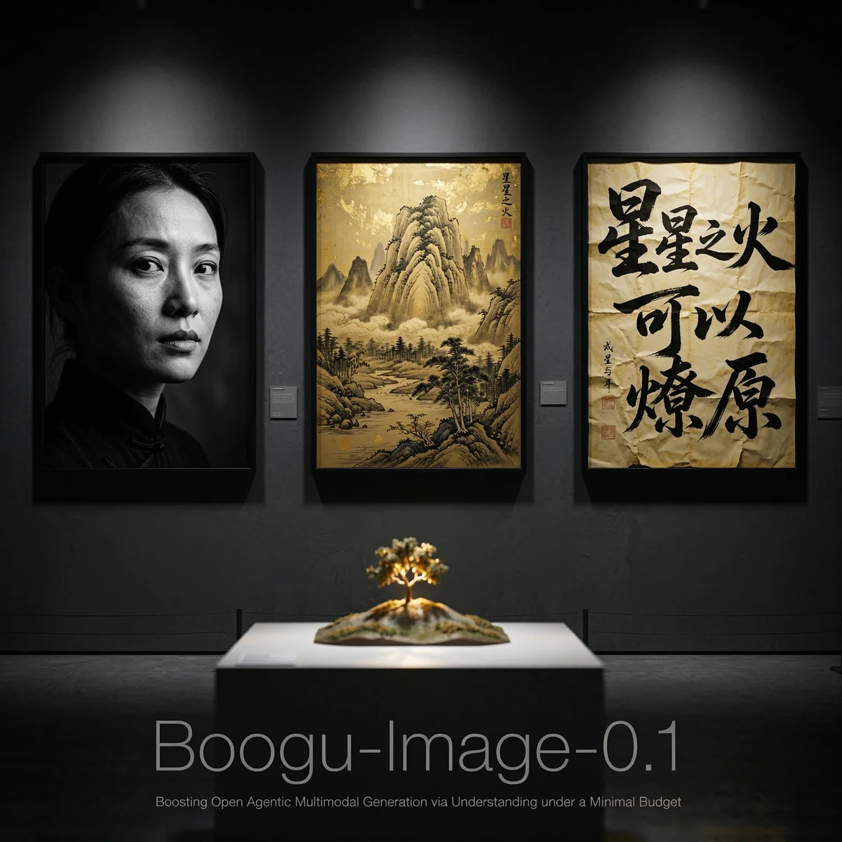 Figure 2 Boogu-Image-0.1 generates diverse, high-fidelity images across distinct visual domains within a single unified model. From left to right: (a) a photorealistic black-and-white portrait demonstrating fine-grained facial details and film-like tonal rendering; (b) a Chinese ink-and-gold landscape painting reflecting culturally grounded stylistic generation; (c) a typographic poster rendering Chinese calligraphy “A single spark can start a prairie fire” with accurate stroke structure and layout; (d) a 3D miniature scene of a glowing sapling on a hill, illustrating compositional reasoning and spatial coherence; and (e) a clean text-rendering result presenting our paper title “Boogu-Image-0.1: Boosting Open-Source Unified Multimodal Understanding and Generation”.