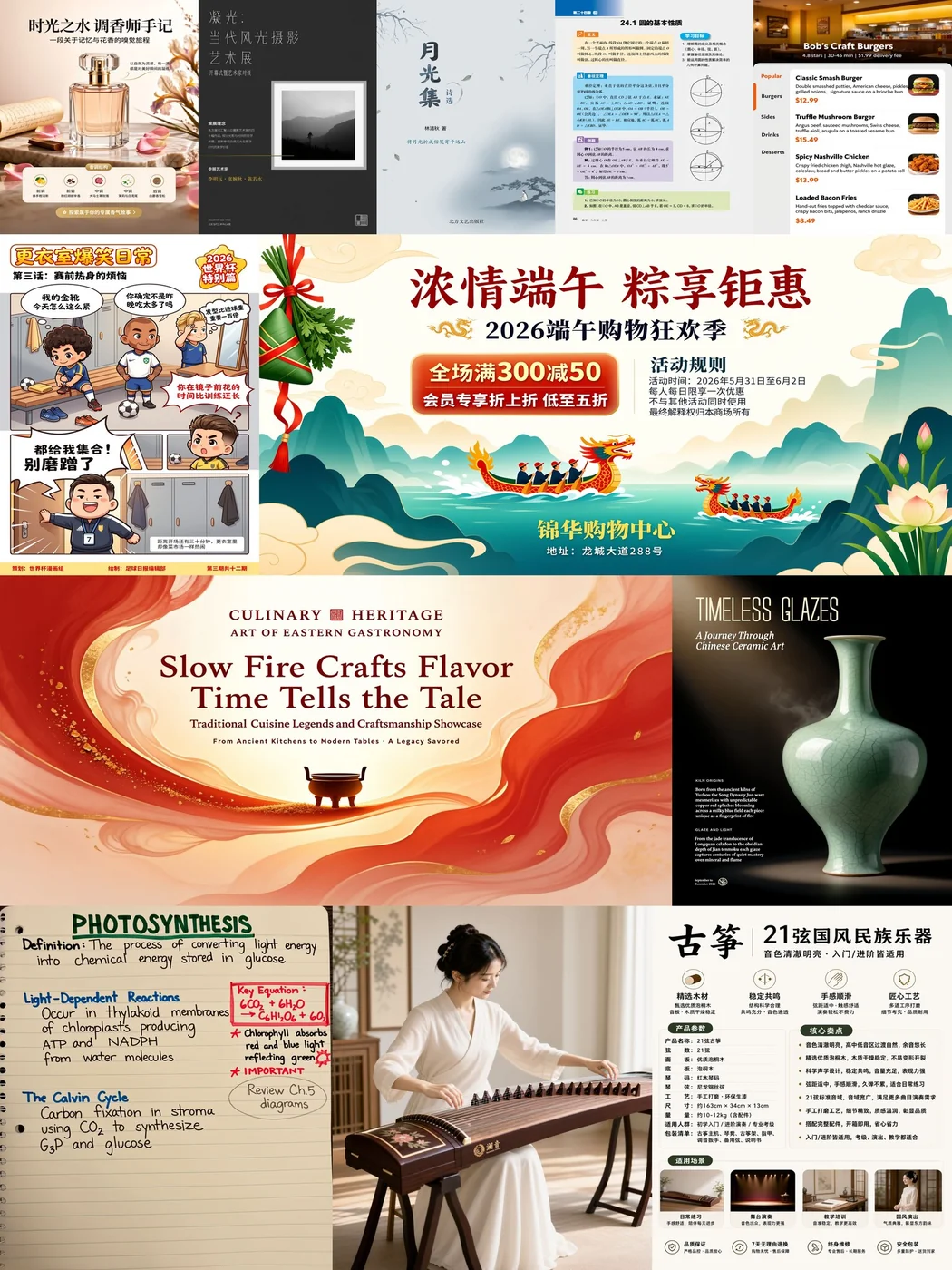Figure 3 Boogu’s qualitative results on text-rendering. Boogu-Image-0.1 can accurately render English and Chinese texts with coherent typography and delicate layout design.