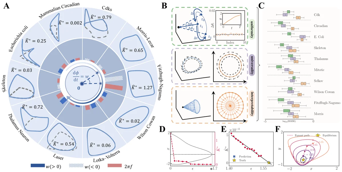Validating the equant across oscillatory systems and predicting critical transitions. The panels summarize 10 representative oscillatory systems, compare frequency accuracy, uniformity, and interpretability metrics for the learned equants, and show a FitzHugh-Nagumo bifurcation example in which the optimal equant non-uniformity K* decreases before the tipping point. Extrapolating the pre-critical scaling of K* to zero predicts the transition point, while the limit cycle and equant converge toward the equilibrium near the transition.