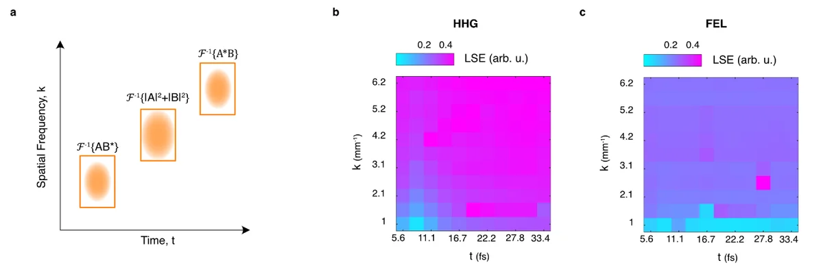 Working principle of the 2D VPR algorithm: definition of the optimal compact support. a. In the first step, the algorithm masks the regions of nonzero signals in the time and spatial frequency domain using rectangular areas defined by the sum of the compact support (CS) dimensions of the two objects. b-c. Leakage Score Error (LSE) maps (log scale) as function of the CS dimensions of each object, once the dimension of the other is fixed. The global minimum in each map identifies the optimal compact support of HHG and FEL. Note that the CS needs to contain the full pulse, therefore it is larger than the actual pulse dimensions. The LSE global minimum is found at CS dimensions [8.3 fs, 1.0 mm-1] for the HHG pulse and [22.2 fs, 1.0 mm-1] for the FEL pulse, where one step corresponds to 2.78 fs in time and 0.52 mm-1 in spatial frequency. A local minimum is found for example at [16.7 fs, 3.1 mm-1]; its corresponding (incorrect) reconstruction is reported in the SM.