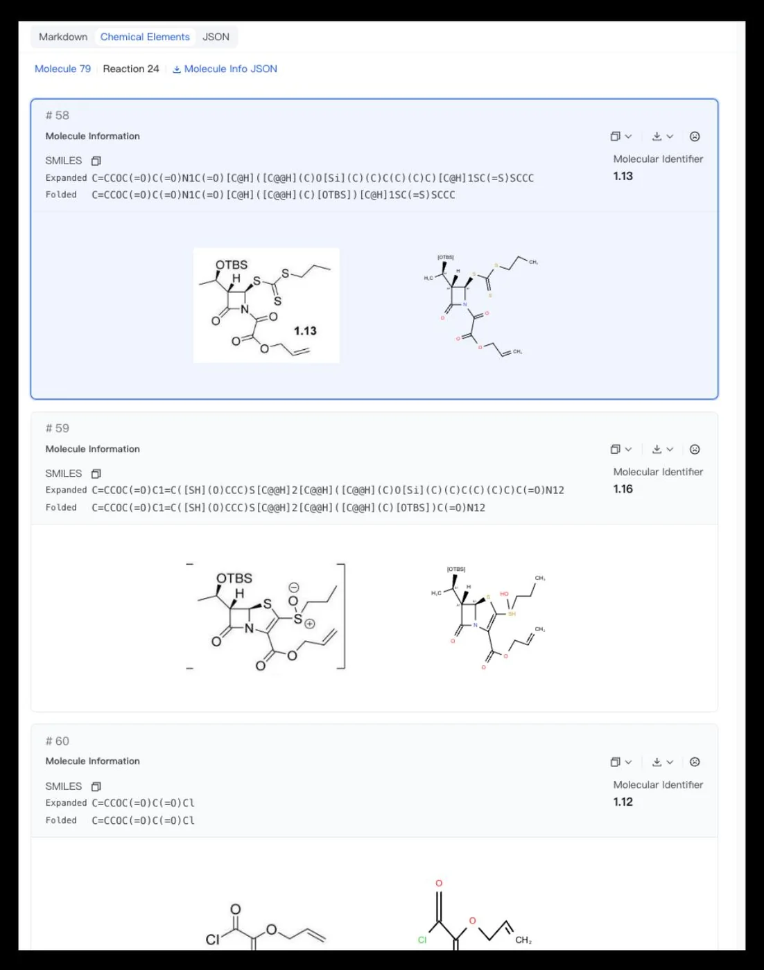 An example of the Molecule Summary List (left) and the Reaction Summary List (right).