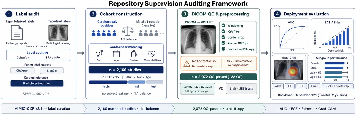 Overview of the proposed repository supervision auditing framework. Repository-derived labels are validated against expert image-level annotations to establish a curated reference standard, which is used to construct a balanced, quality-controlled cohort for deployment-oriented model development and evaluation.