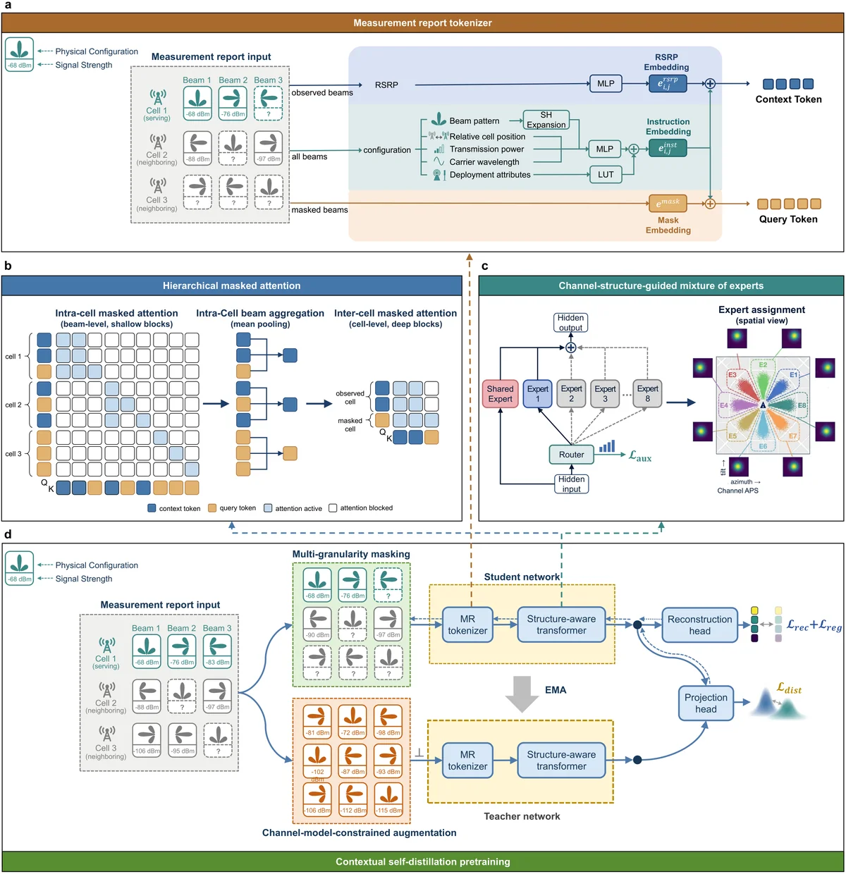Architecture and pretraining framework of ChaRT, including the measurement-report tokenizer, hierarchical masked attention, mixture of experts, and contextual self-distillation objectives.