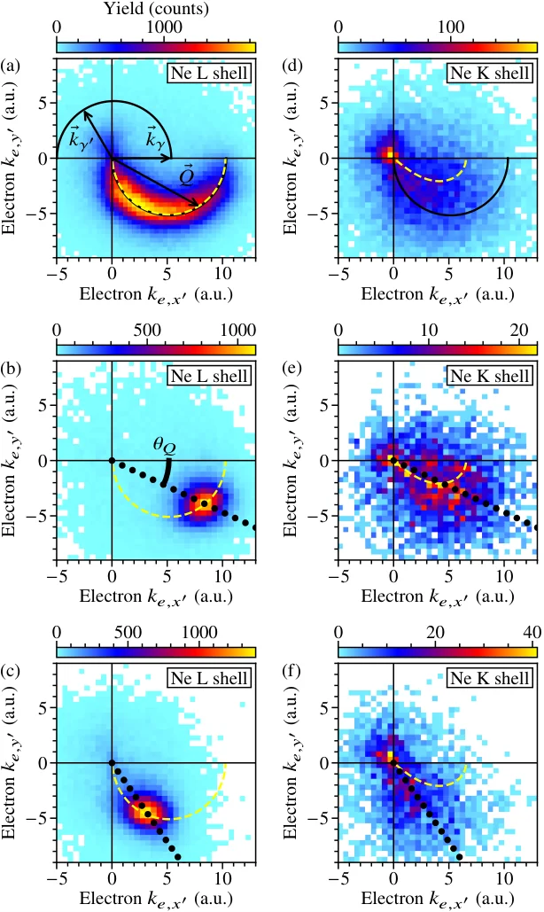 Electron emission patterns for Ne L-shell and Ne K-shell Compton ionization, compared with free-electron and binding-energy-corrected momentum-transfer curves.