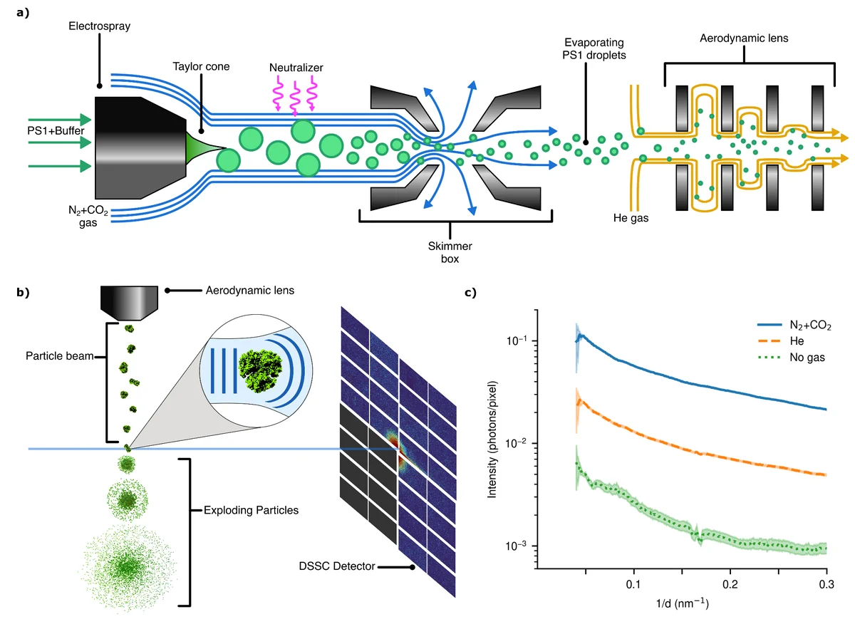 Experimental setup and background scattering, including helium gas exchange that reduces background by 80%