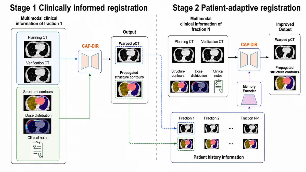 Overview of clinical motivation, experimental data and method design in this study. a, The longitudinal ART workflow from treatment planning to fraction-level verification imaging, DIR-based contour propagation, delivered-dose assessment and adaptation decisions. b, The large-scale longitudinal radiotherapy dataset used for CAP-DIR development and evaluation, including multi-institutional cohorts, public benchmarks, anatomical coverage and patient composition. c, The two-stage CAP-DIR workflow integrating clinically informed registration with patient-adaptive memory from previous Stage 1 outputs.