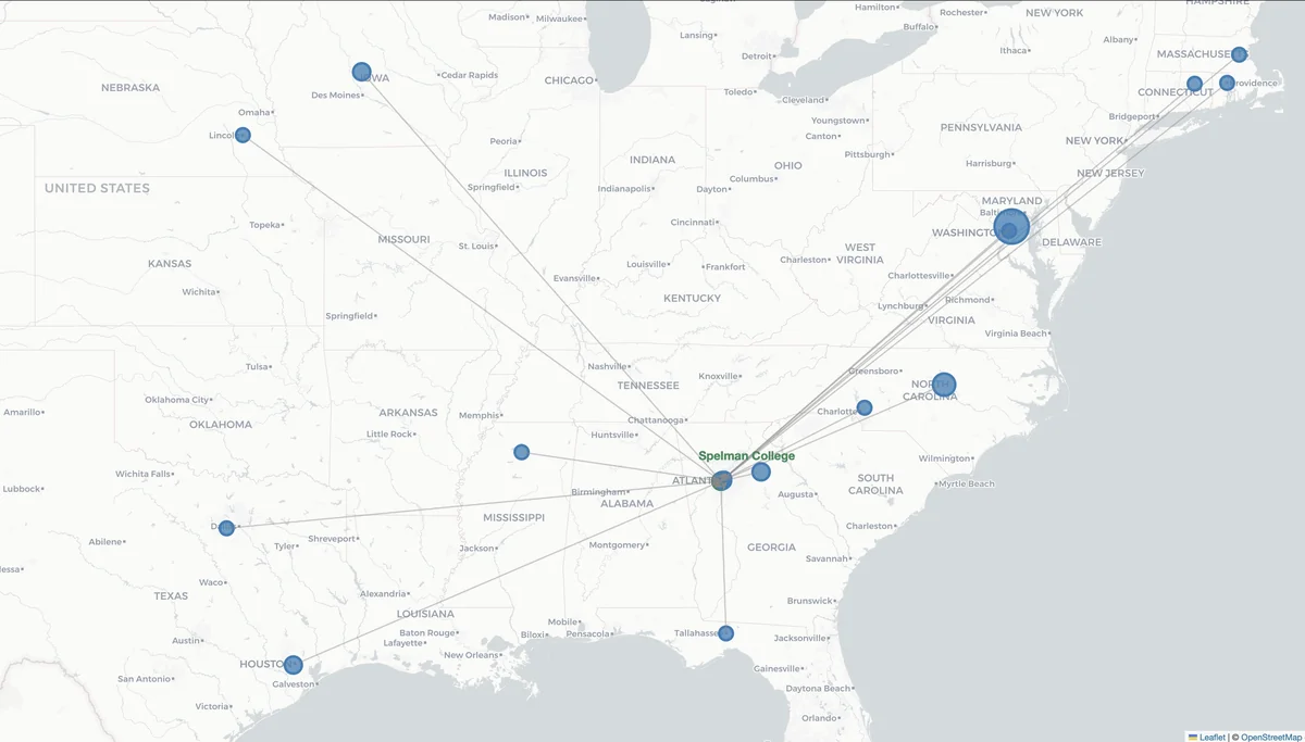 The lines emanating from Atlanta, Georgia show pathways from one undergraduate institution to doctoral institutions for the 27 Black Women PhDs who earned undergraduate degrees in math from Spelman in our current dataset. These include the University of Maryland College Park (6), North Carolina State University (6), the University of Georgia (2), Rice University(2), Iowa State University (2), Georgia State University (2), the University of Nebraska Lincoln (1), Massachusetts Institute of Technology (1), Howard University (1), University of North Carolina Charlotte (1), University of Mississippi (1), Brown University (1), Florida State University (1), University of Connecticut (1), University of Texas Arlington (1), and Emory University (1).